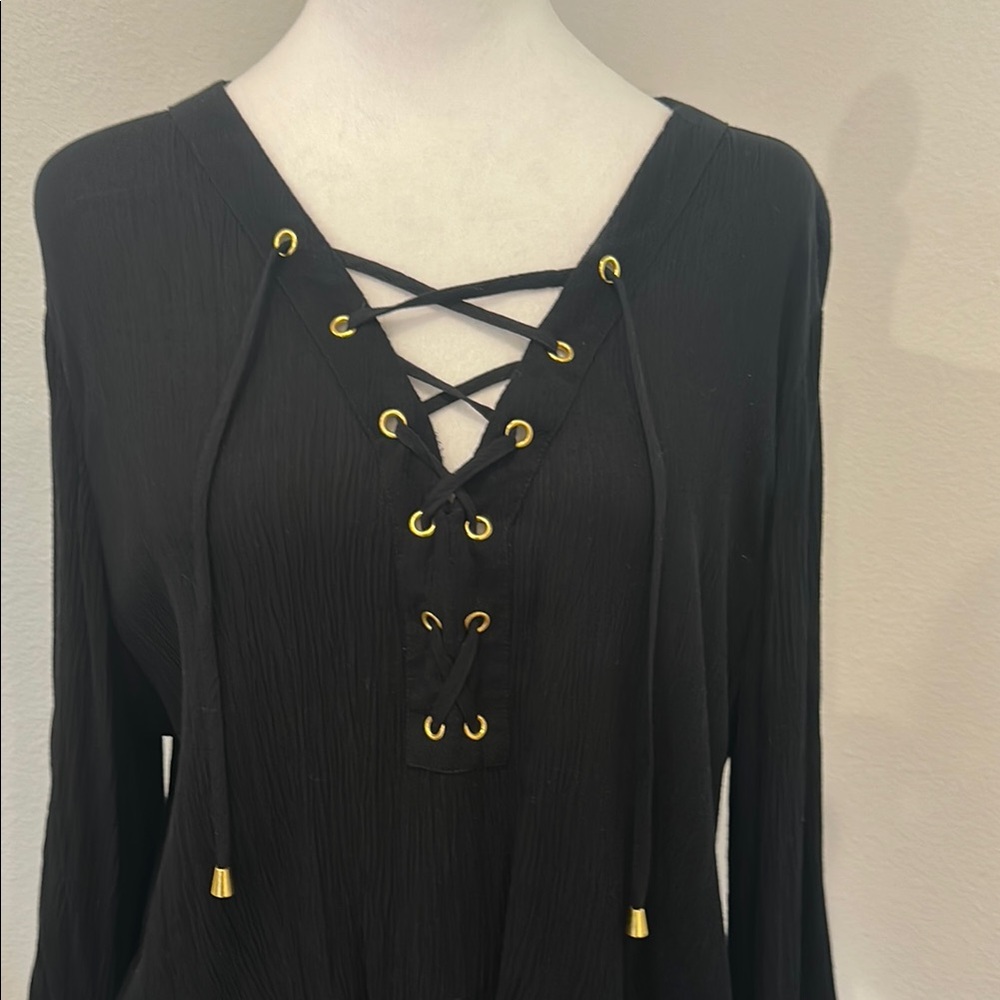 INC International Concepts Black Lace-Up Blouse - Picture 2 of 8